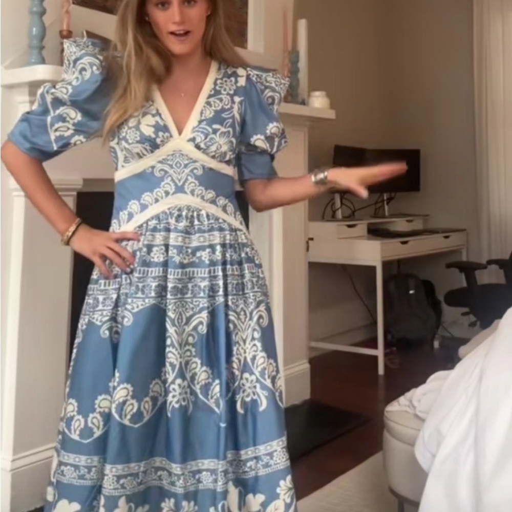Farm Rio for Anthropologie Blue White Floral Woodcut Puff
Sleeve Midi Dress XS